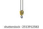 Crane hook hangs from above. Equipment for moving goods. Crane hook for lifting weights isolated on white. Crane hook with yellow and black stripes. Port equipment for unloading ships. 3d image