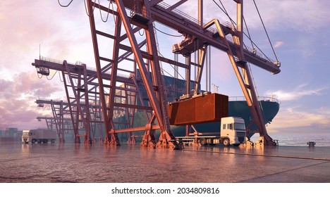 Crane unloading containers from a freight ship. Sea cargo port, industrial cranes, harbor cargo terminal. Import export business, shipment logistic, transportation, shipping industry 3D illustration