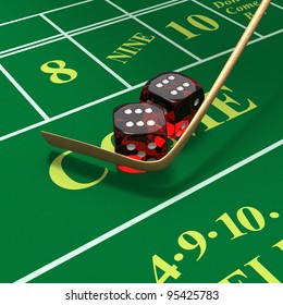 Craps dice roll called any craps, hi-lo, boxcars, midnight with stickman's mop or whip on green felt table