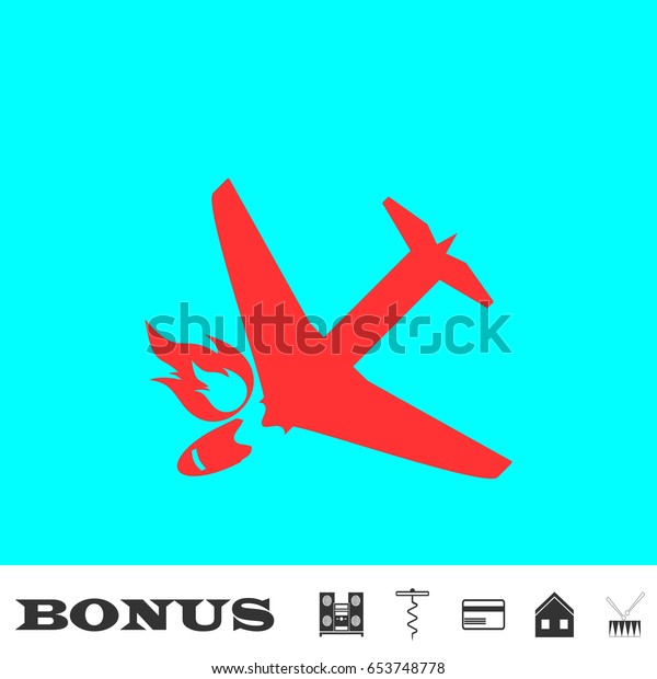 Crash plane icon flat. Simple red\
pictogram on blue background. Illustration symbol and bonus icons\
Music center, corkscrew, credit card, house,\
drum