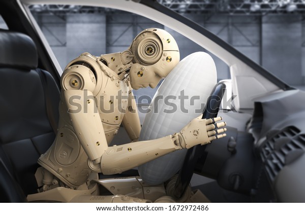 Crash test\
with 3d rendering dummy hit with air bag\
