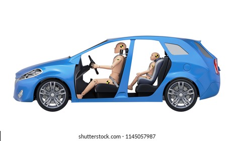 Crash Test Dummies in the Car. Side View. 3D illustration