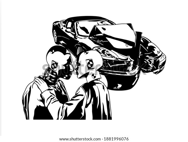 crash test dummies making out in front of a crashed\
sports car