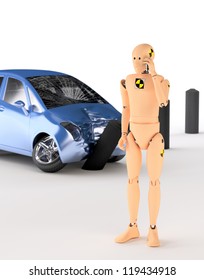 Crash Test Dummy After a Car Accident. Safety Concept. 3D illustration