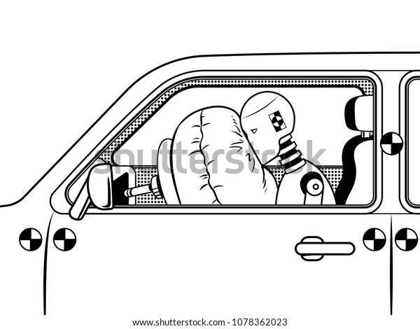 Crash test dummy in car after accident\
coloring retro raster illustration. Isolated image on white\
background. Comic book style\
imitation.