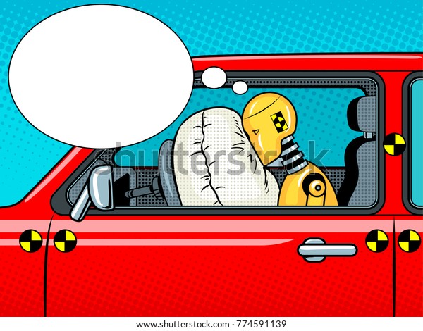 Crash test dummy in car after\
accident pop art retro raster illustration. Comic book style\
imitation.