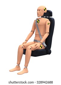 Crash Test Dummy in a Car Seat. Safety Concept. 3D illustration