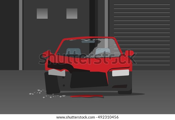 Crashed car in dark night street\
illustration, concept of car crime, broken auto with glass\
fragments, disaster accident, damaged vehicle cartoon flat\
style