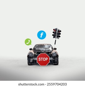 Crashed car with shattered windshield, broken smartphone screen, traffic cones, and warning text "don’t text and drive" highlighting the dangers of distracted driving

 - Powered by Shutterstock