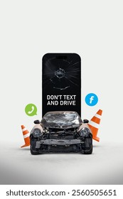 Crashed car with shattered windshield, broken smartphone screen, traffic cones, and warning text 