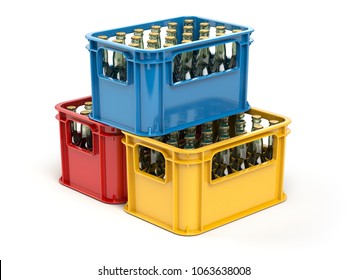 Crates full of beer bottles isolated on white background. 3d illustration