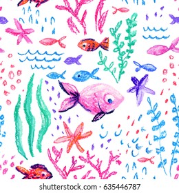 Crayon childlike marin seamless pattern. Underwater sea, ocean life childish drawing. Cute whale, fishes, starfish, corals on white background. Hand drawn light pastel illustration