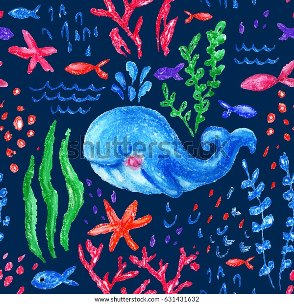 クレヨンチルド様マリンシームレスパターン 海中の海 子どもじみた海の生き方 白い背景にかわいいクジラ 魚 ヒトデ サンゴ 手描きの明るいパステルイラスト のイラスト素材