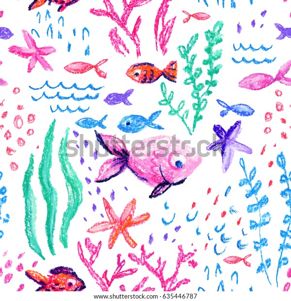 クレヨンチルド様マリンシームレスパターン 海中の海 子どもじみた海の生き方 白い背景にかわいいクジラ 魚 ヒトデ サンゴ 手描きの明るいパステルイラスト のイラスト素材 635446787