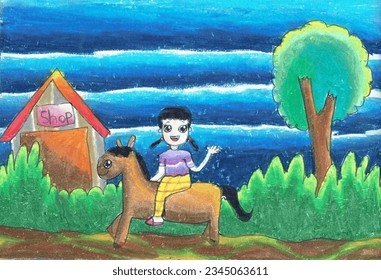 A crayon drawing of girl on horse. A house, trees and a blue sky background. Cheerful and fun colored crayons for children. Manual drawing by hand with crayon. - Powered by Shutterstock