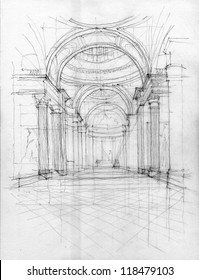 Crayon drawing of Pantheon interior view, Paris, France