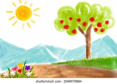 Crayon kid hand drawn landscape view and sun  mountain  meadow  flowers  land   tree  Childlike picture drawing  illustration