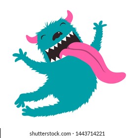 Crazy Character Jumping Monster For Kids Design. Funny Animal Crazy Monster Design Showing Tongue. Raster Variant.