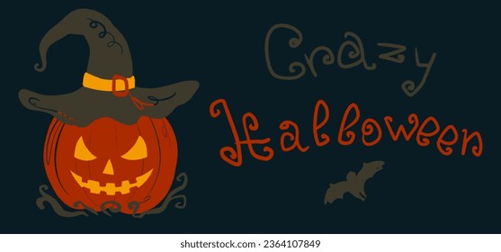 Crazy Halloween    banner and simple illustration pumpkin in witch hat   text  Cartoon sketch dark background  Pencil color minimalist drawing 