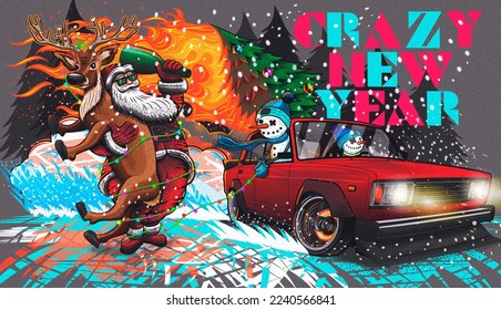 crazy new year in the drift, snowmen on a car wrap Santa and a deer in a garland - Powered by Shutterstock