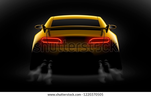 crealistic yellow sport car back view with unlocked
rear lights in the
dark