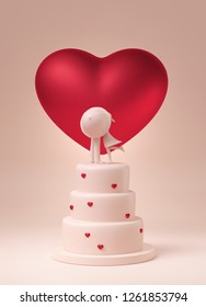 Cream Color Cake With Red Heart And Kissing Couple On Top. Cream Color Cake With Big Red Heart And Small Decorative Red Heart On Cream Background. 3d Illustration Rendering.