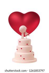 Cream Color Cake With Red Heart And Kissing Couple On Top. Cream Color Cake With Big Red Heart And Small Decorative Red Heart On White Background. 3d Illustration Rendering.