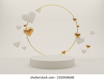 Cream white podium with hearts and golden ring. Valentine's Day, Wedding, Anniversary. Podium for product, cosmetic presentation. Mock up. Pedestal or platform for beauty products. 3D illustration.