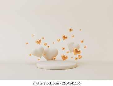 Cream white podium with hearts and golden balls. Valentine's Day, Wedding, Anniversary. Podium for product, cosmetic presentation. Mock up. Pedestal or platform for beauty products. 3D illustration. - Powered by Shutterstock