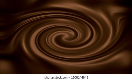 Creamy Chocolate Swirl, Realistic 3d Illustration. Caramel Sweet Background, Fluid Motion With Liquid Flowing Chocolate Dessert Concept.