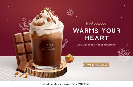 Creamy hot chocolate drink ad template. 3d illustration of glass cup displayed on wood discs with chocolate block and snowflake around - Powered by Shutterstock