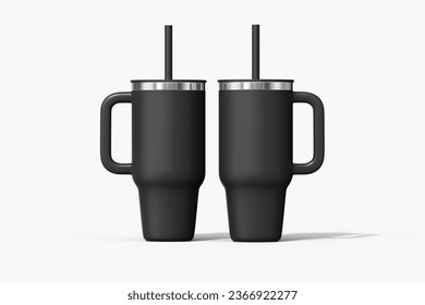 Create a 3D product label with your Metal coffee tumbler mug mockup Blank Image Isolated on White 3 Tumbler together, Black Object Rendered