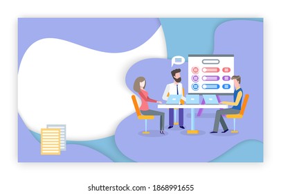 Create business proposal raster, website or webpage template, landing page flat style. Infographics on whiteboard, people on conference planning steps