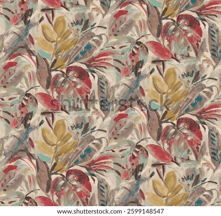 Create a seamless, painterly textile pattern featuring vibrant abstract tropical leaves and blossoms in a mix of mustard yellow, terracotta red, muted grey, teal, and cream tones.  The texture should 