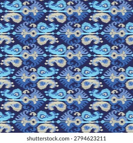 Create a seamless repeating textile pattern inspired by ikat and digital stitchwork: decorative medallions and swirling paisley-like motifs formed from dense horizontal