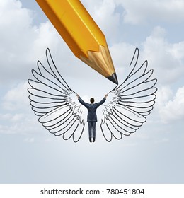 Create success and unlocking human potential as a pencil drawing wings on a person as a metaphor for learning to fly in life with 3D illustration elements.