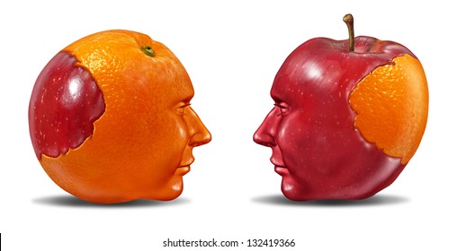 Create Synergy and leadership  as social cooperation in education learning and fair trading from one partner to another team member with an apple and an orange puzzle shaped as human heads on white.