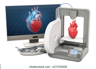 Creating Artificial Heart On Three Dimensional Printer, 3d Printing In Medicine Concept. 3D Rendering Isolated On White Background