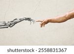 Creation of Adam, AI robot. 3D art paintings illustration of human and robotic hands, style of old renaissance oil artwork. Artificial intelligence technology, machine learning industry, ai innovation
