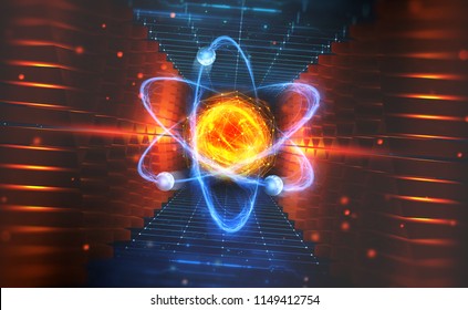 Creation of artificial intelligence. Experiments with the hadronic collider. Investigation of the structure of an atom. 3D illustration of an innovative breakthrough in science