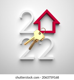 Creative 2022 New Year design template with golden keys and an abstract house symbol, all on white background.
3D render illustration for a calendar, greeting card or banner.