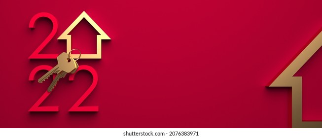 Creative 2022 New Year design template with golden keys and an abstract house symbol, all on red background. 3D render illustration for a calendar, greeting card or banner. - Powered by Shutterstock