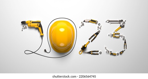 Creative 2023 New Year design template on engineering, construction, interior finishing, repair and maintenance theme. 3d render illustration for a greeting card, calendar or banner. - Powered by Shutterstock