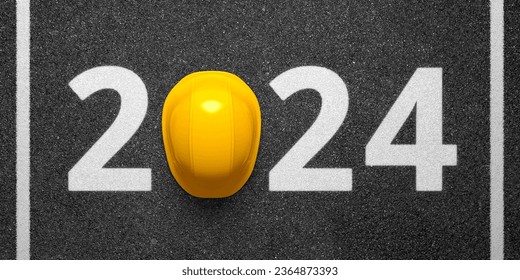 Creative 2024 New Year design template with yellow protective helmet and grey asphalt background. 3D render illustration on an engineering, logistics or road construction theme. - Powered by Shutterstock