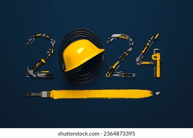 Creative 2024 New Year design template on engineering, construction, interior finishing, repair and maintenance theme. 3d render illustration for a greeting card, calendar or banner. - Powered by Shutterstock