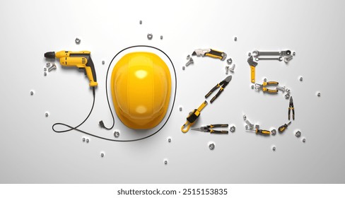 Creative 2025 New Year design template on engineering, construction, interior finishing, repair and maintenance theme. 3d render illustration for a greeting card, calendar or banner. - Powered by Shutterstock