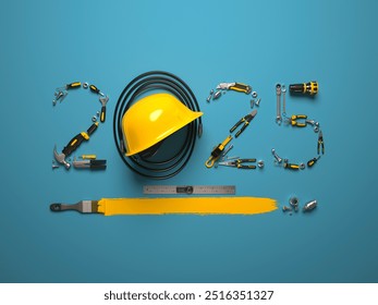 Creative 2025 New Year design template on engineering, construction, interior finishing, repair and maintenance theme. 3d render illustration for a greeting card, calendar or banner. - Powered by Shutterstock