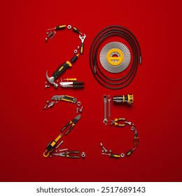 Creative 2025 New Year design template on engineering, construction, interior finishing, repair and maintenance theme. 3d render illustration for a greeting card, calendar or banner. - Powered by Shutterstock