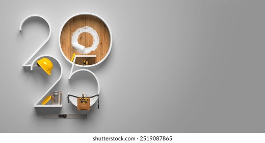 Creative 2025 New Year design template on engineering, construction and maintenance theme. 3d render illustration for a greeting card, calendar or banner.