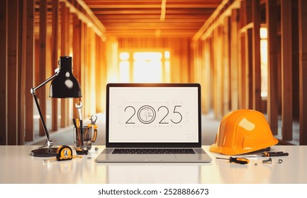 Creative 2025 New Year design template on engineering, construction, building and finishing theme. 3d render illustration. - Powered by Shutterstock